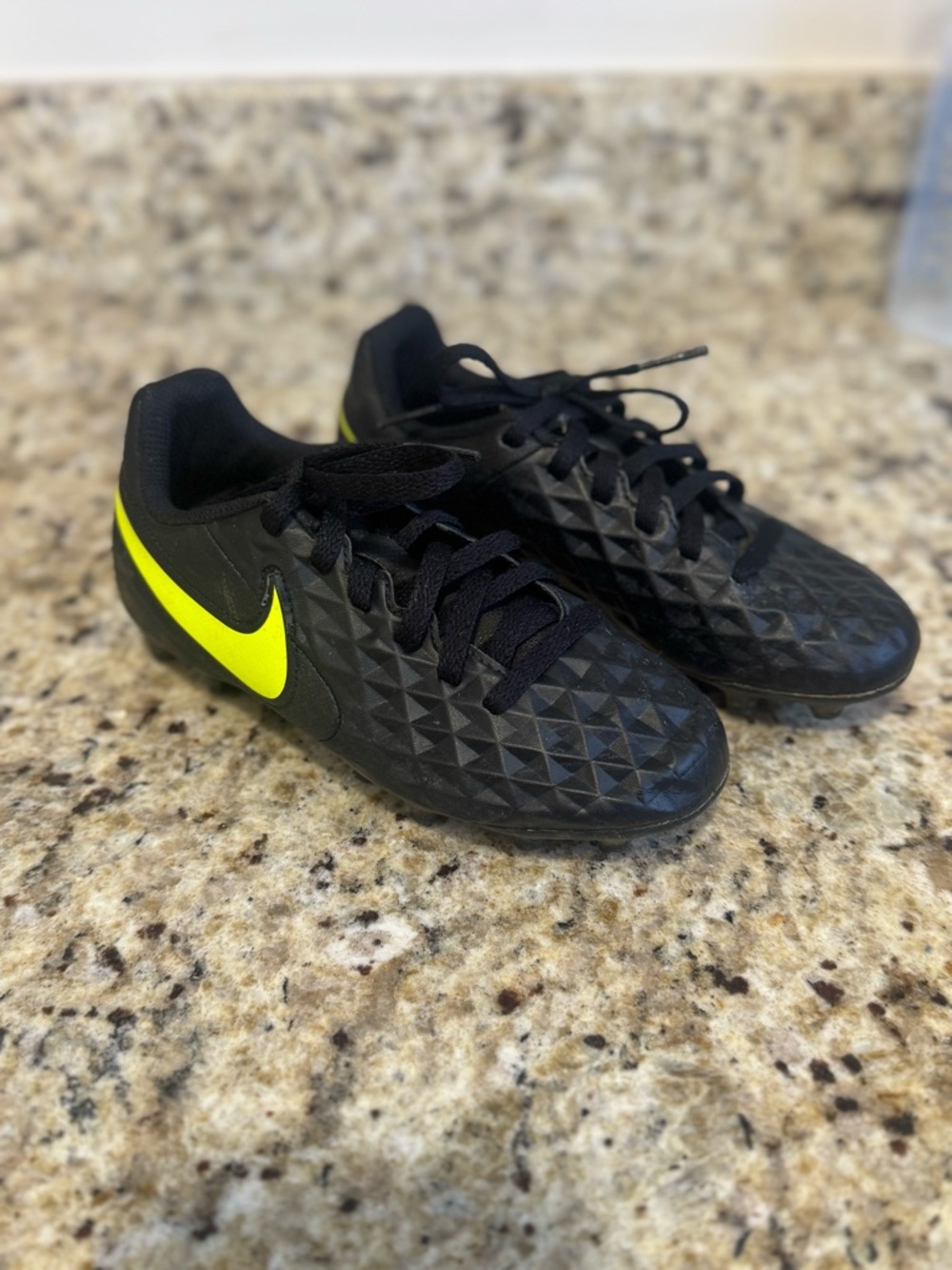 Nike TIEMPO Kids' Black Soccer Cleats with Yellow Swoosh (12C)